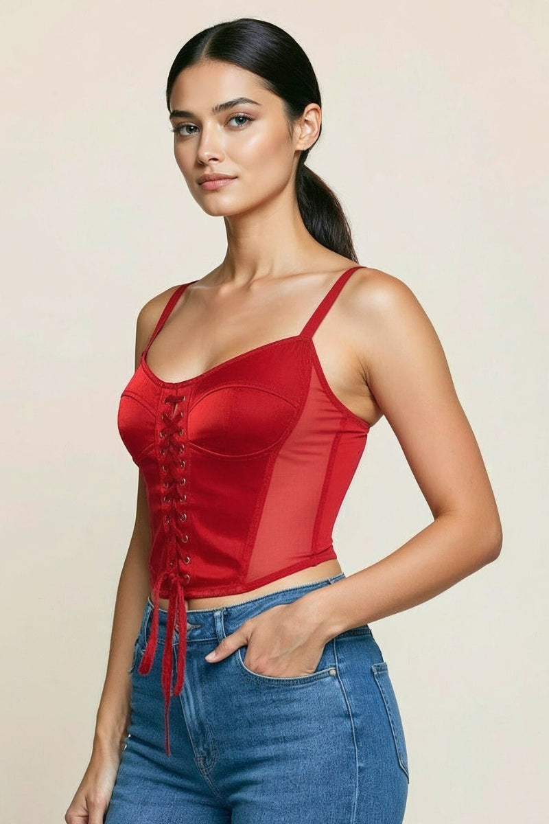 LACE UP FRONT DETAIL SATIN CORSET TOP