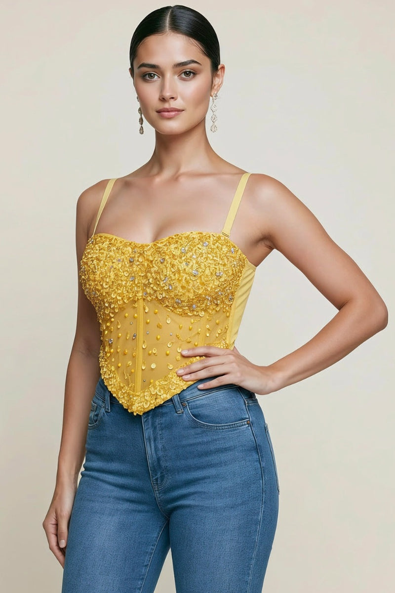 SEQUIN BEADED CRYSTAL STONE EMBELLISHED CORSET CROP TOP
