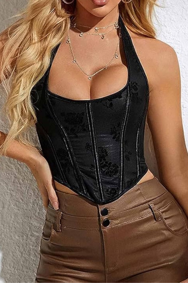 Sexy Floral Corset Crop Top with Lace-Up Back