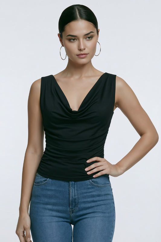 Cowl Neck Ruched Twist Back Top