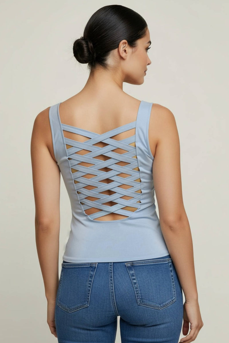 LACE-UP FRONT DETAIL CROSS HATCH BACK TANK TOP