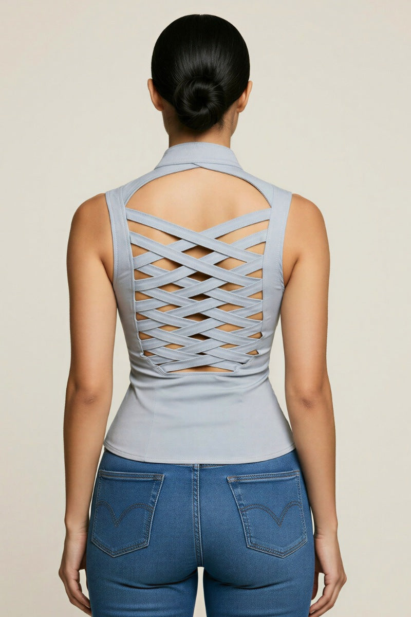 CRISS CROSSED BACK ZIPPER CLOSURE FRONT TANK TOP_D6744