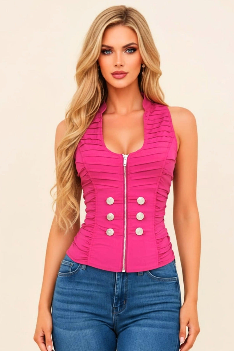 BUTTON DETAIL ZIPPER CLOSURE MOCK NECK TANK TOP_ D6732