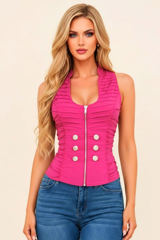 BUTTON DETAIL ZIPPER CLOSURE NAPOLEON MOCK NECK TANK TOP_ D6732