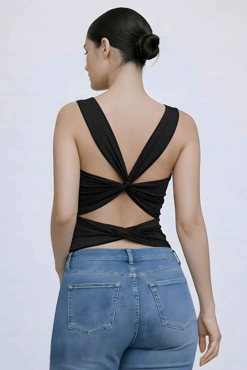 Cowl Neck Ruched Twist Back Top