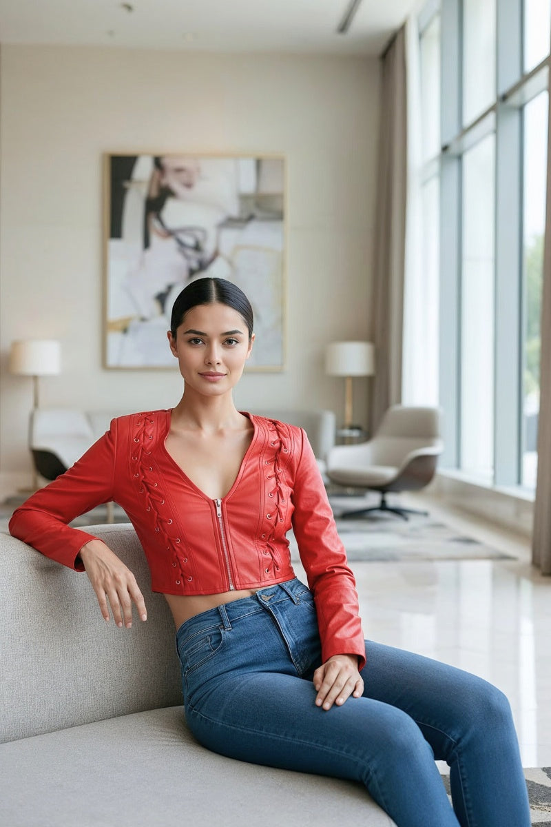 LACE-UP DETAIL ZIP UP LONG SLEEVE CROPPED JACKET