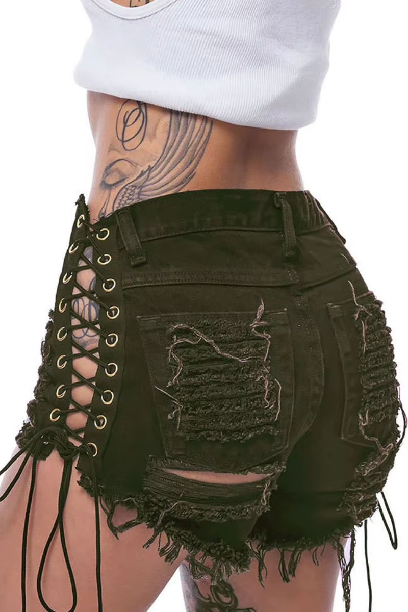 Lace-Up Side Distressed Denim Shorts