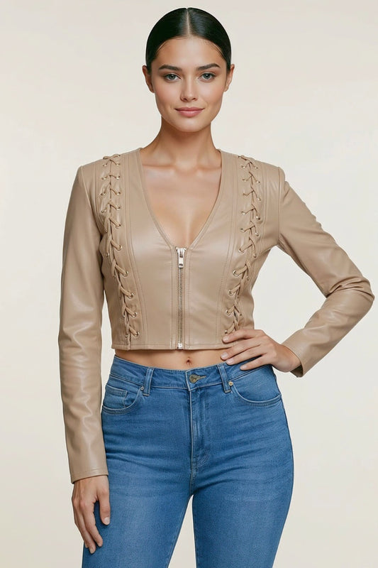 LACE-UP DETAIL ZIP UP LONG SLEEVE CROPPED JACKET