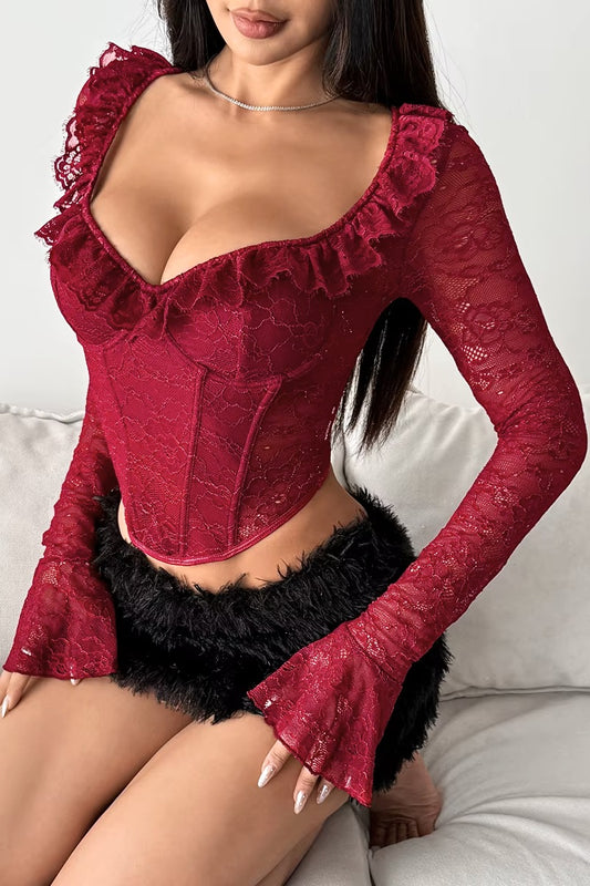 Romantic Ruffled Lace Long Sleeve Corset Top