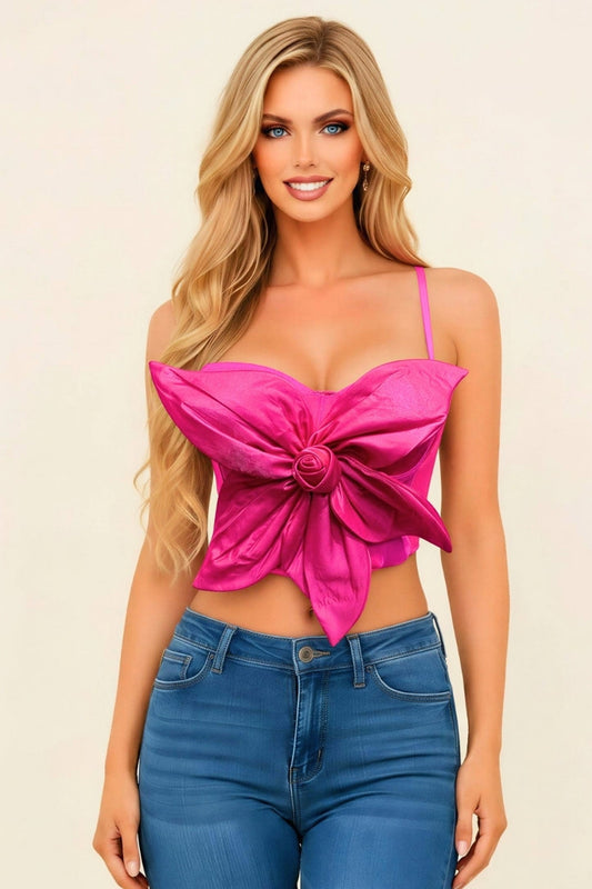 BUTTERFLY BOW FLORAL TRIM KNOT BUSTIER CROP TOP