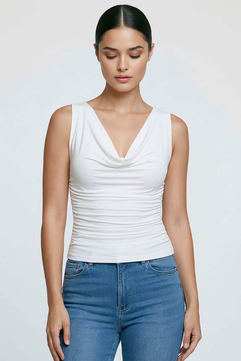 Cowl Neck Ruched Twist Back Top
