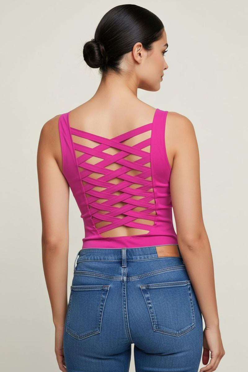 LACE-UP FRONT DETAIL CROSS HATCH BACK TANK TOP