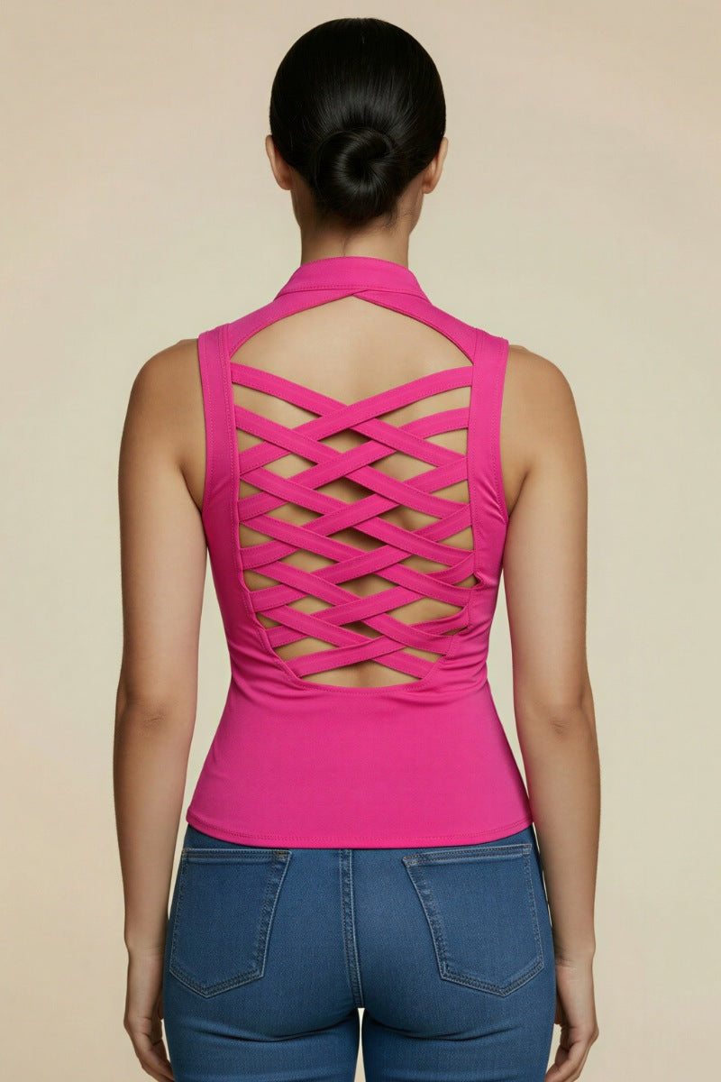 CRISS CROSSED BACK ZIPPER CLOSURE FRONT TANK TOP_D6744