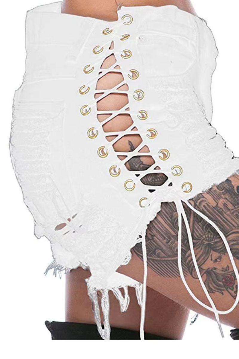 Lace-Up Side Distressed Denim Shorts