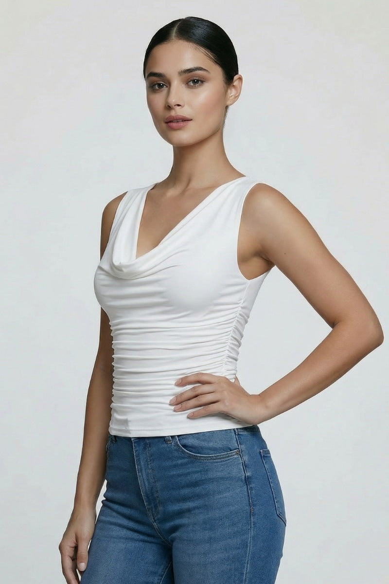 Cowl Neck Ruched Twist Back Top
