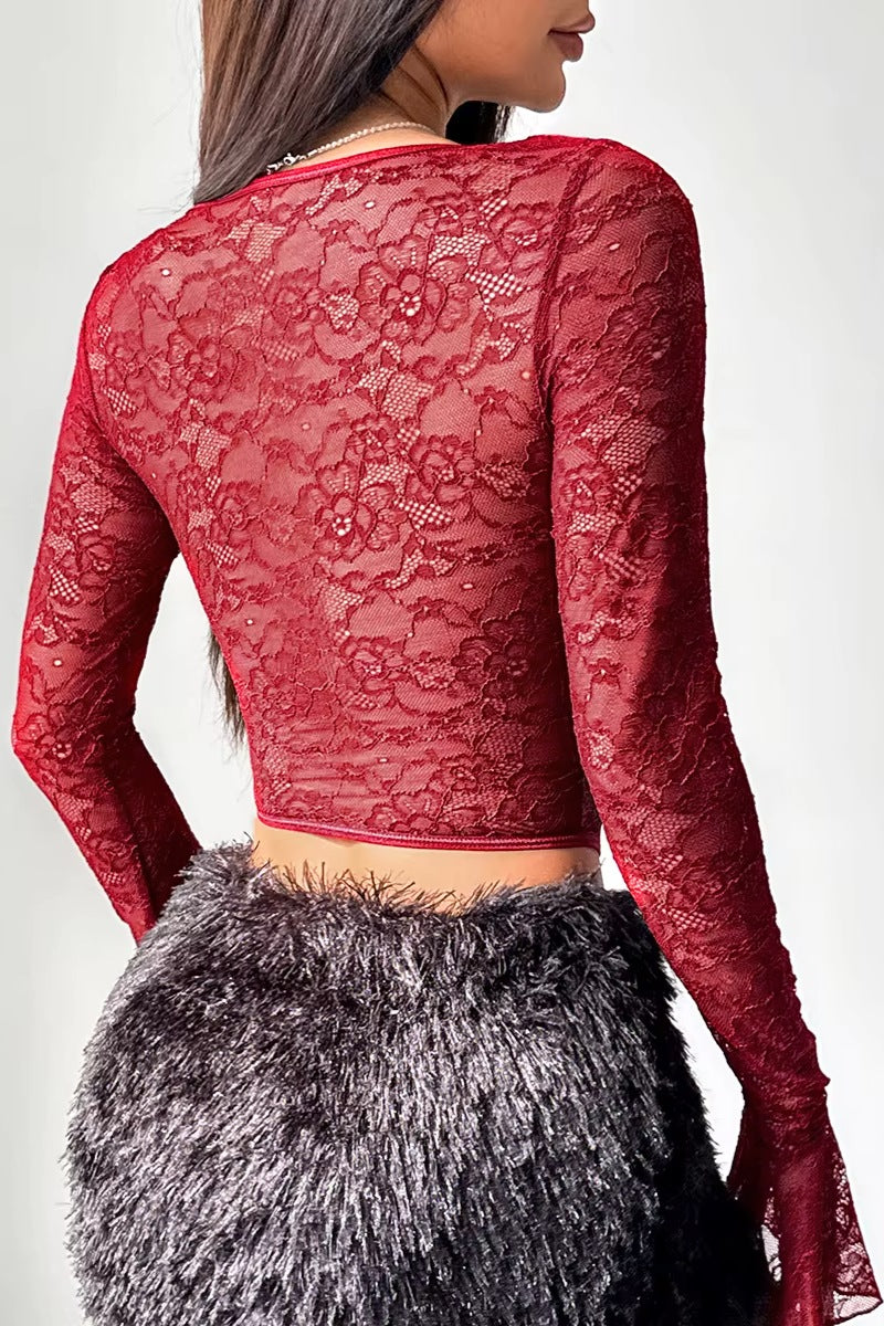 Romantic Ruffled Lace Long Sleeve Corset Top