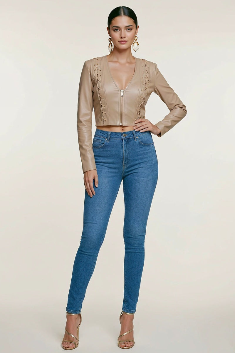 LACE-UP DETAIL ZIP UP LONG SLEEVE CROPPED JACKET