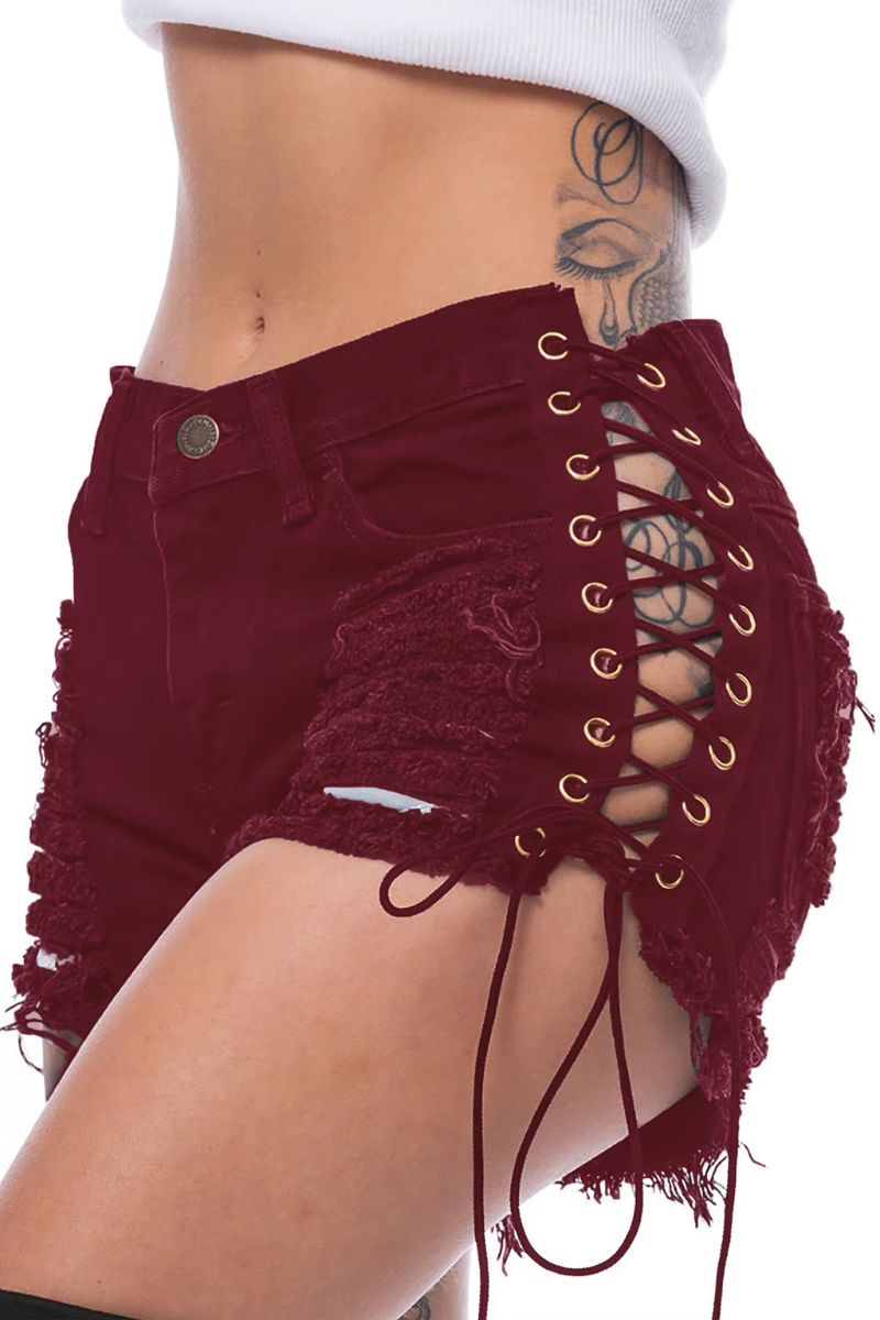 Lace-Up Side Distressed Denim Shorts