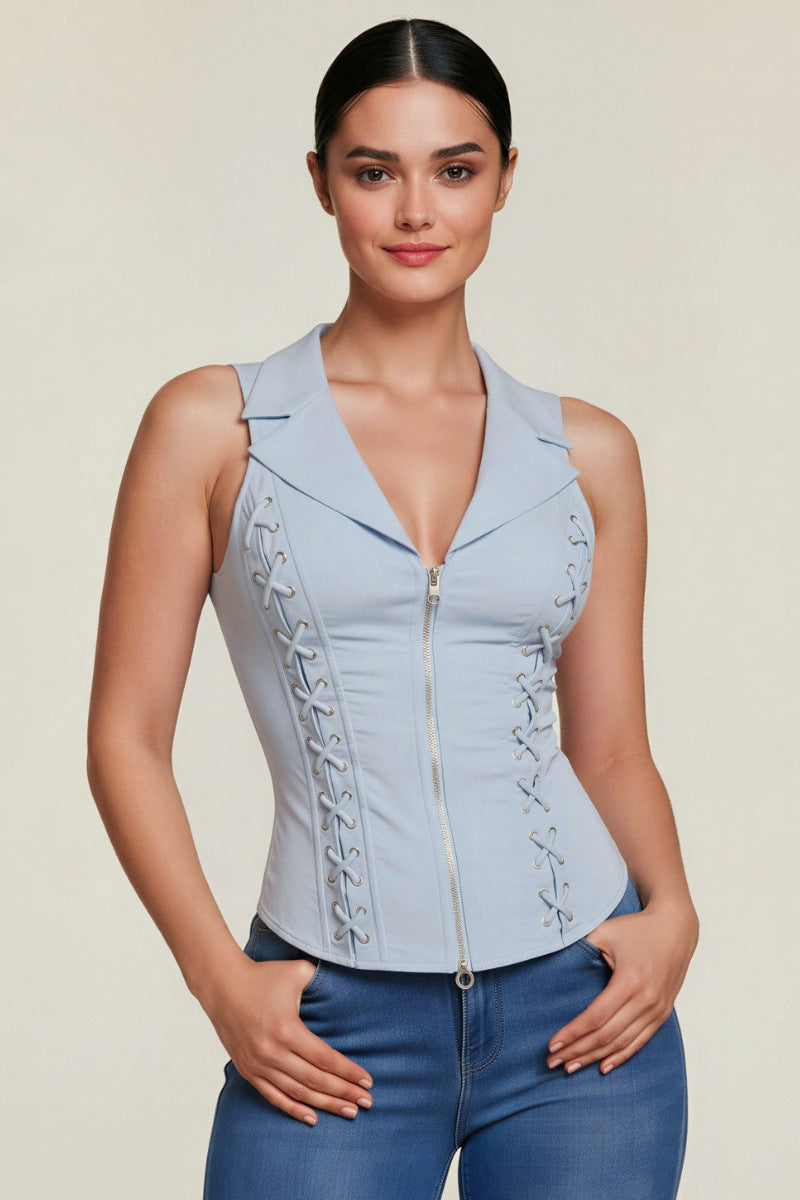 LACE UP DETAIL FRONT COLLARED TANK TOP