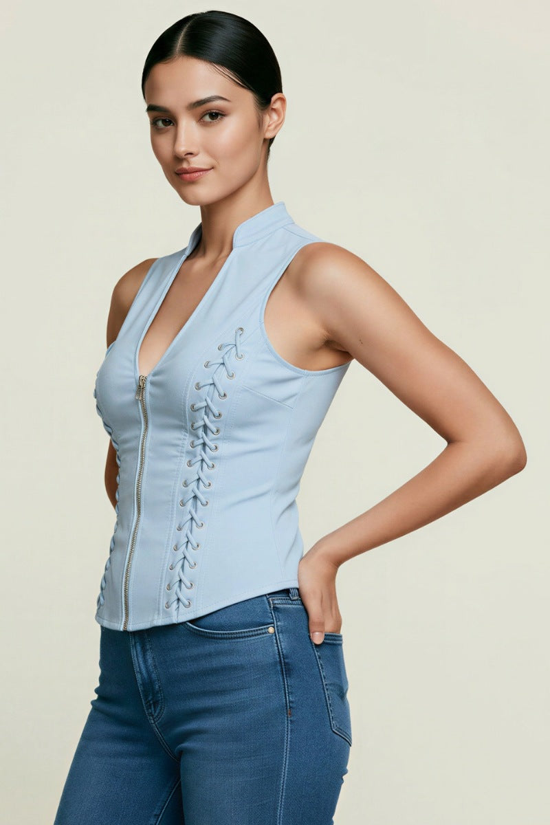 LACE-UP DETAIL CRISS CROSS BACK CUTOUT SLEEVELESS TOP_ D6619