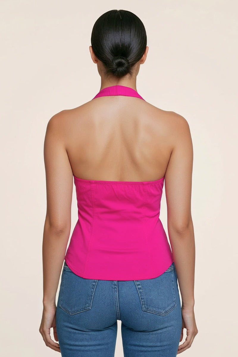 LACE UP DETAIL ZIP FRONT SLEEVELESS HALTER NECK TANK TOP_D6838