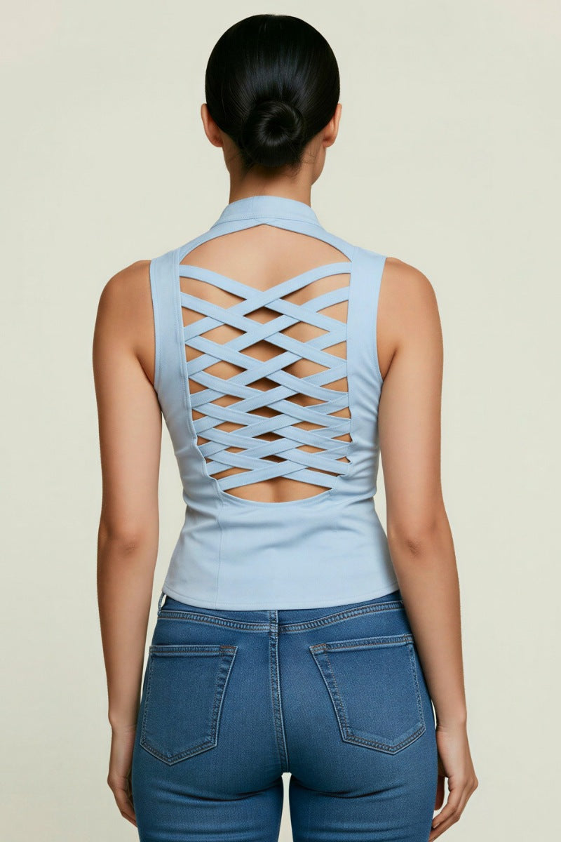 LACE-UP DETAIL CRISS CROSS BACK CUTOUT SLEEVELESS TOP_ D6619