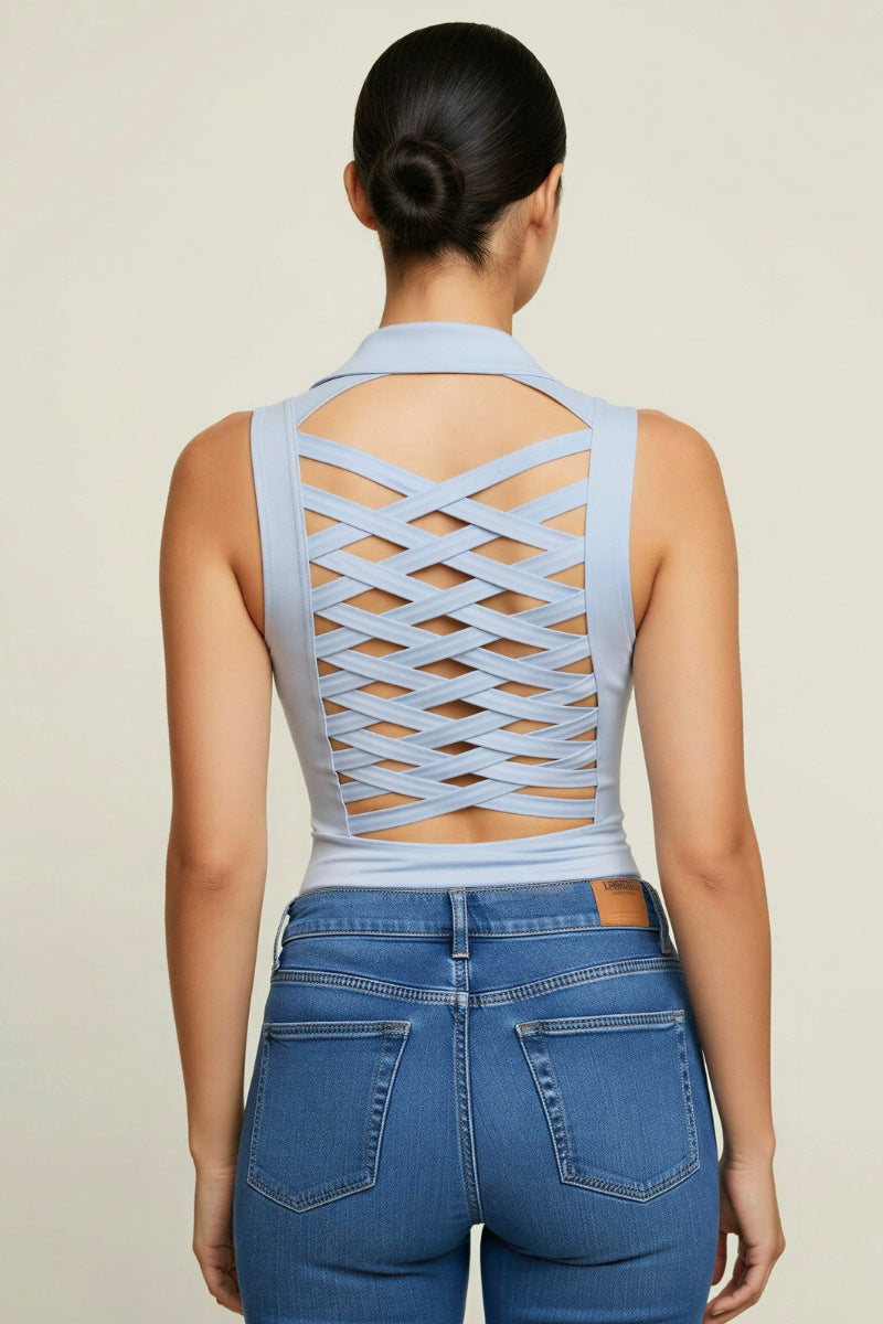LACE UP DETAIL FRONT COLLARED TANK TOP