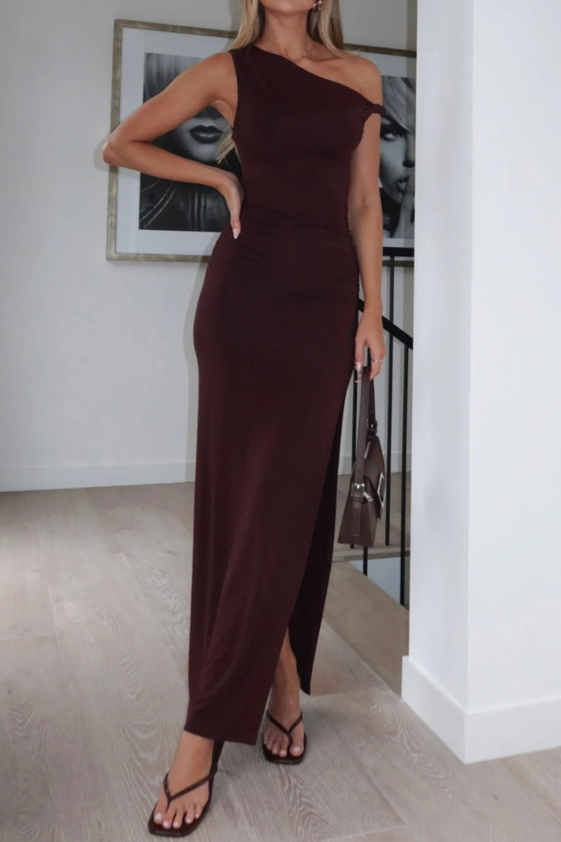 One-Shoulder Ruched Bodycon Long Dress – OhYes Fashion