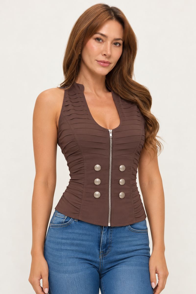 BUTTON DETAIL ZIPPER CLOSURE NAPOLEON MOCK NECK TANK TOP_ D6732
