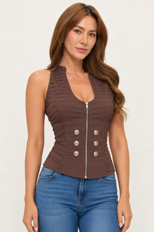 BUTTON DETAIL ZIPPER CLOSURE NAPOLEON MOCK NECK TANK TOP_ D6732