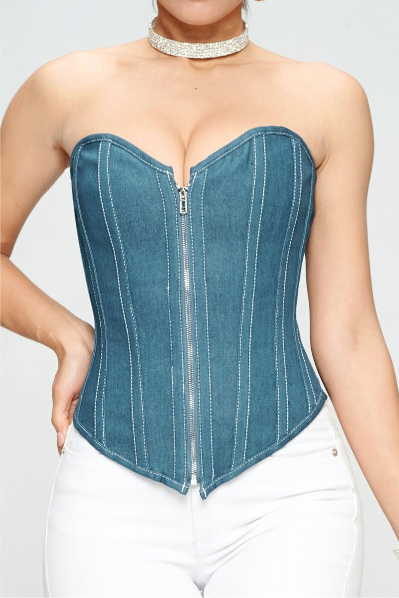DENIM RIGID ZIP UP FRONT LACE UP CORSET
