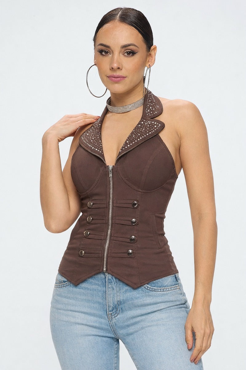 SAILOR COLLAR BEADED ZIP UP FRONT TANK TOP_D6752 – OhYes Fashion