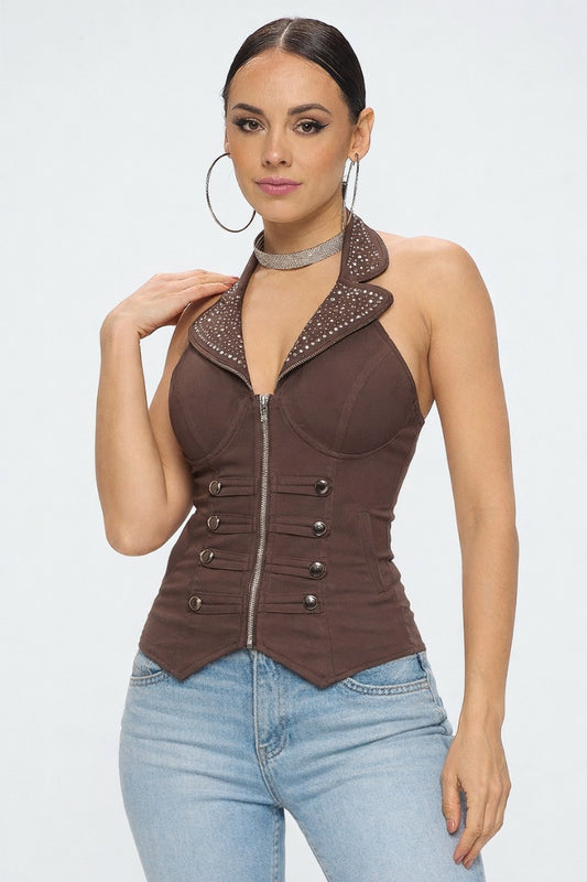 SAILOR COLLAR BEADED ZIP UP FRONT TANK TOP_D6752