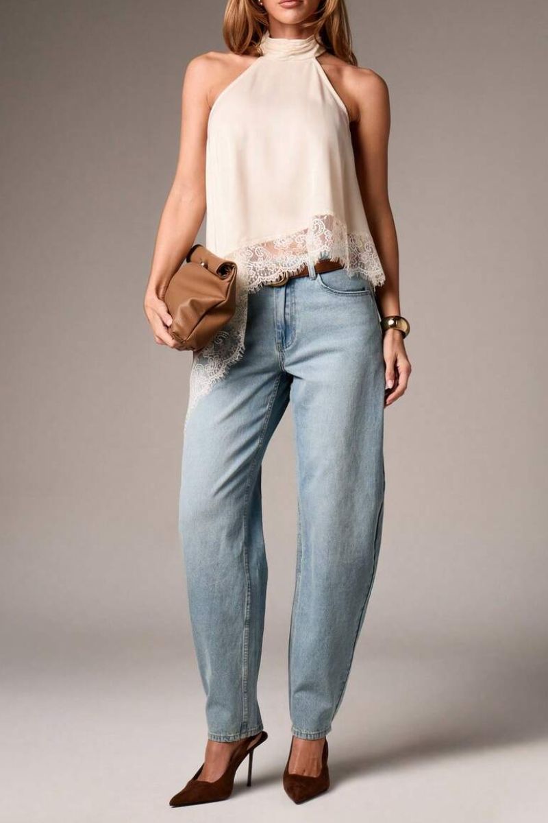 Satin Lace Trim Asymmetrical Top