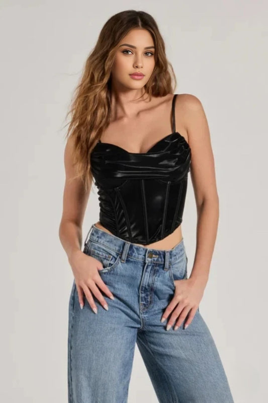Faux Leather Cowl Neck Corset Top
