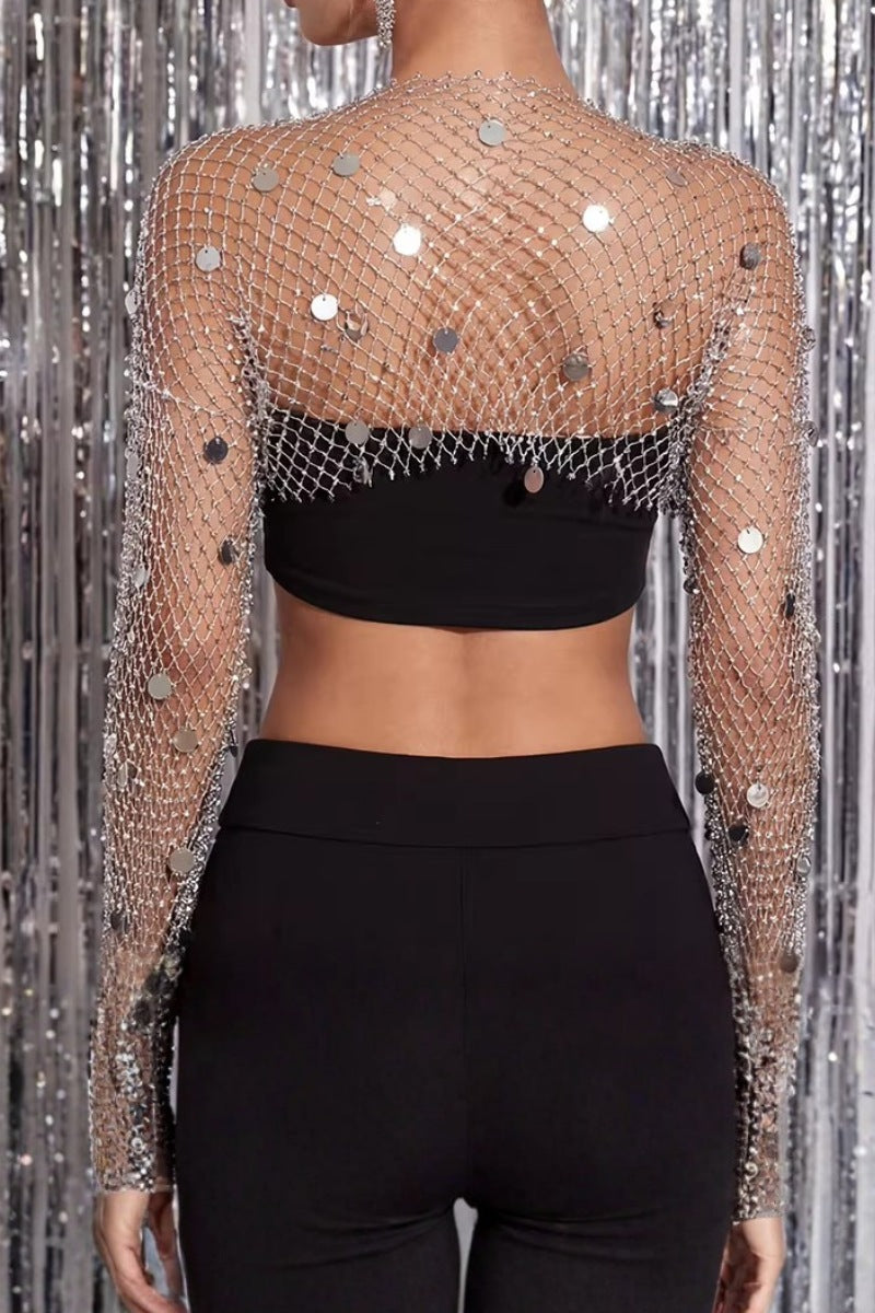 Fishnet Sequin Long Sleeve Bolero Top with Disc Detail