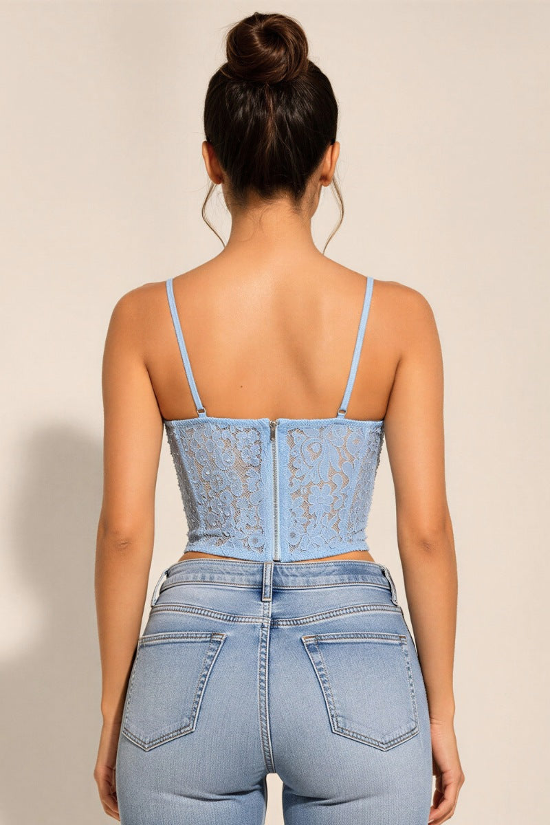 Elegant Lace and Pearl Bustier Sexy Top