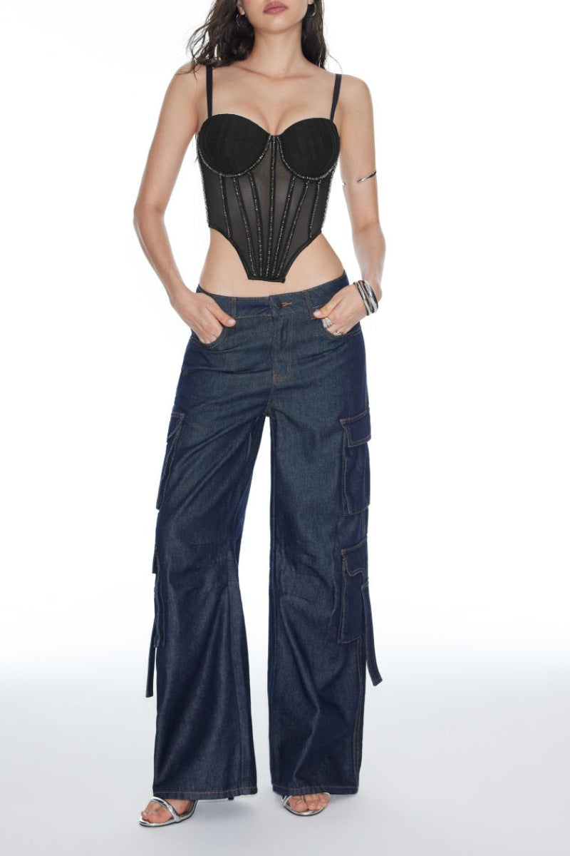 Sheer Mesh Rhinestone Corset Top