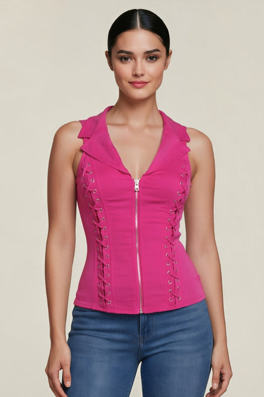 LACE UP DETAIL FRONT COLLARED TANK TOP