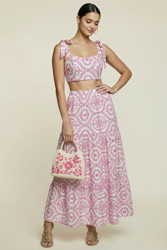 Boho Printed Crop Top & Slit Maxi Skirt Set