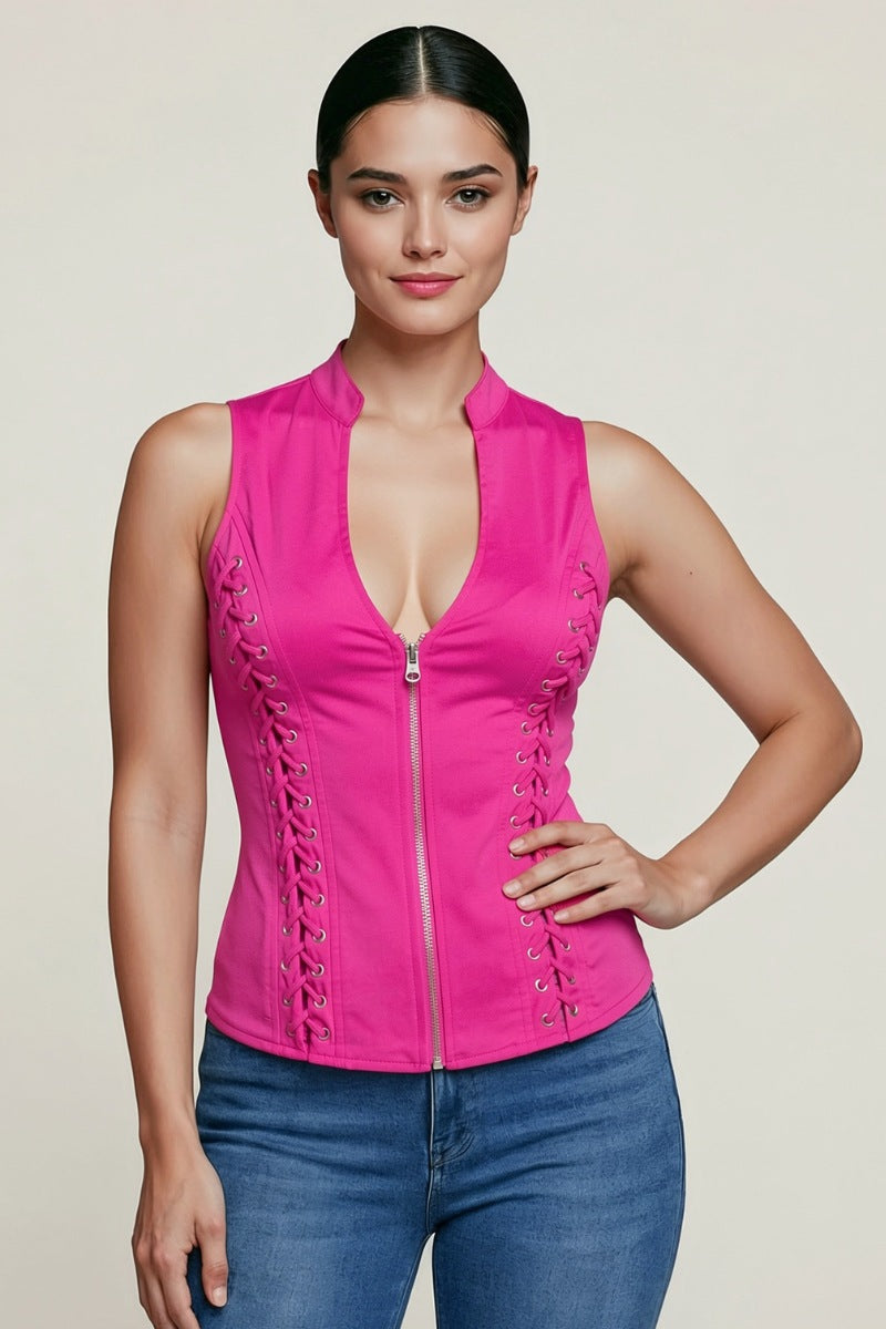 LACE-UP DETAIL CRISS CROSS BACK CUTOUT SLEEVELESS TOP_ D6619