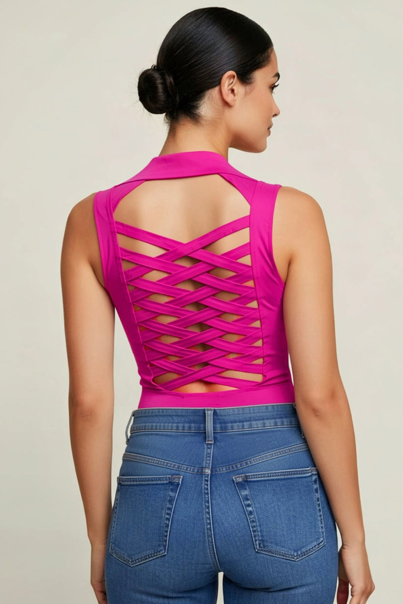 LACE UP DETAIL FRONT COLLARED TANK TOP