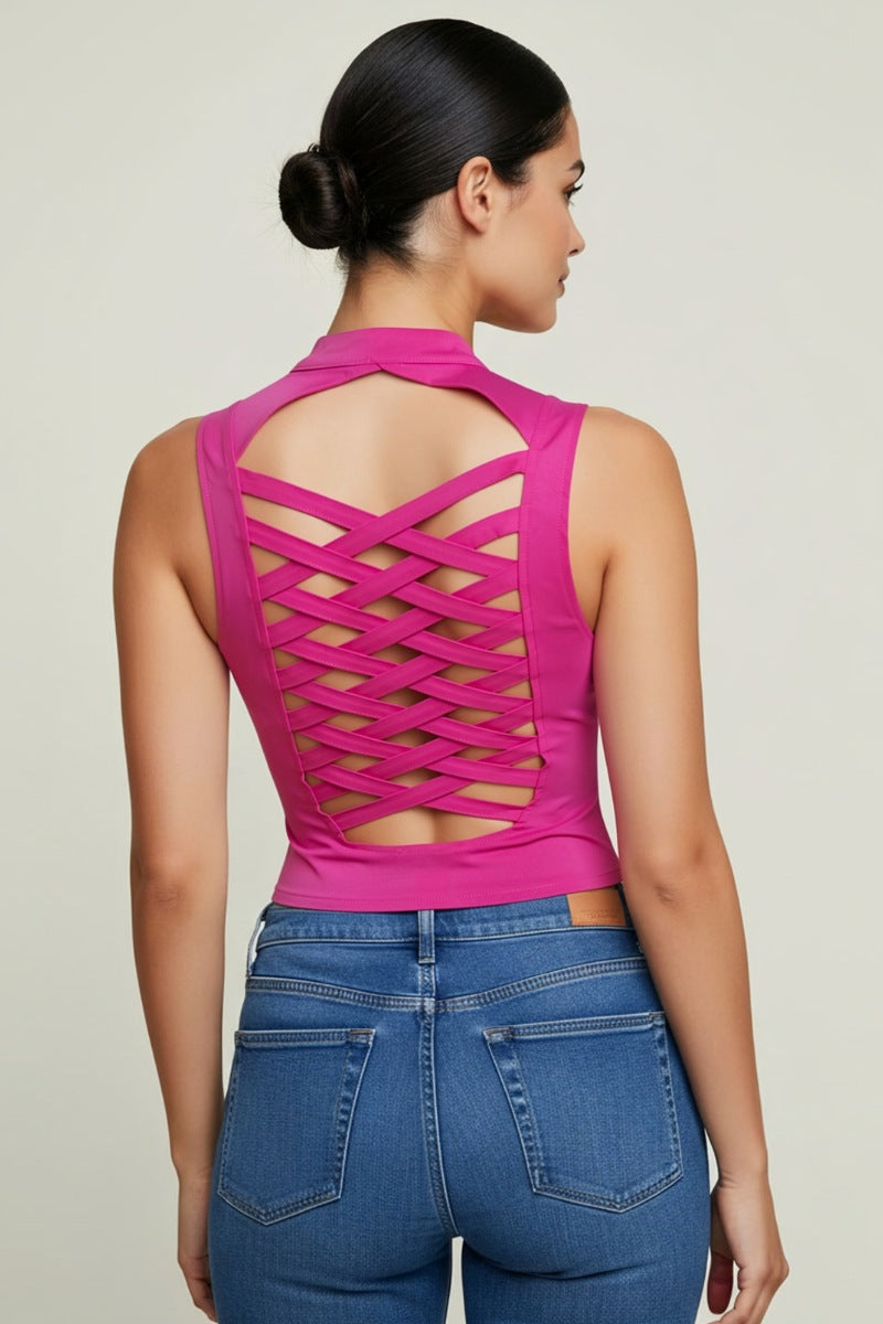 LACE-UP DETAIL CRISS CROSS BACK CUTOUT SLEEVELESS TOP_ D6619