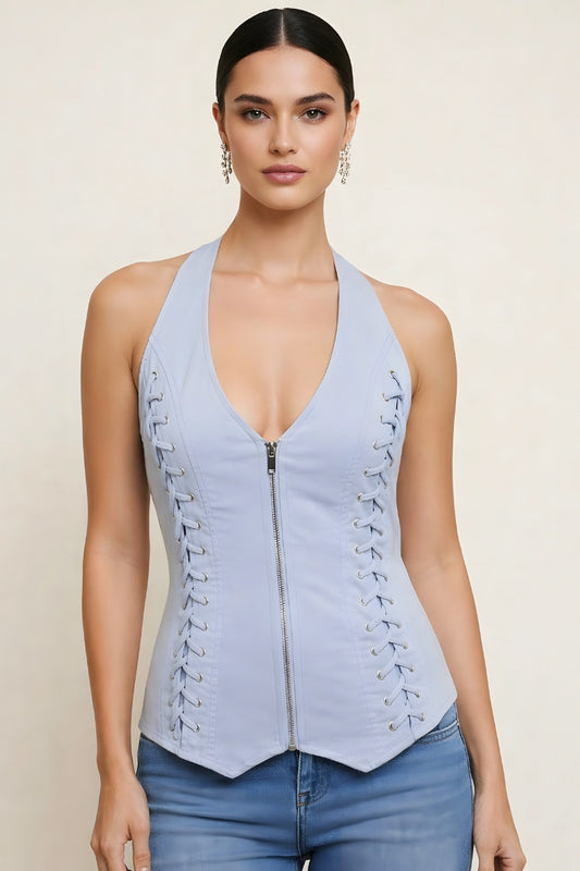 LACE UP DETAIL ZIP FRONT SLEEVELESS HALTER NECK TANK TOP_D6838