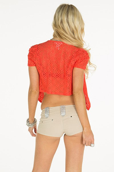 CROCHET SHORT SLEEVE BUTTON CLOSURE JACKET