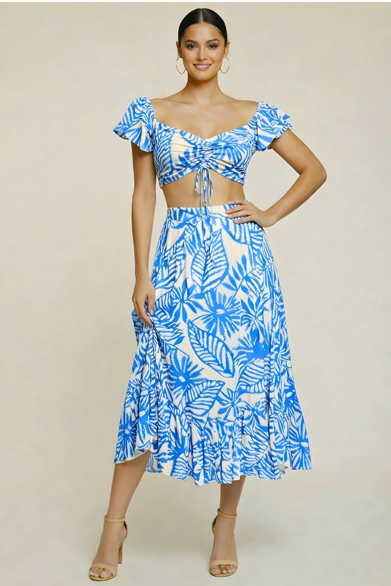 Front Tie Crop Top & Leaf Print Ruffle Skirt Set