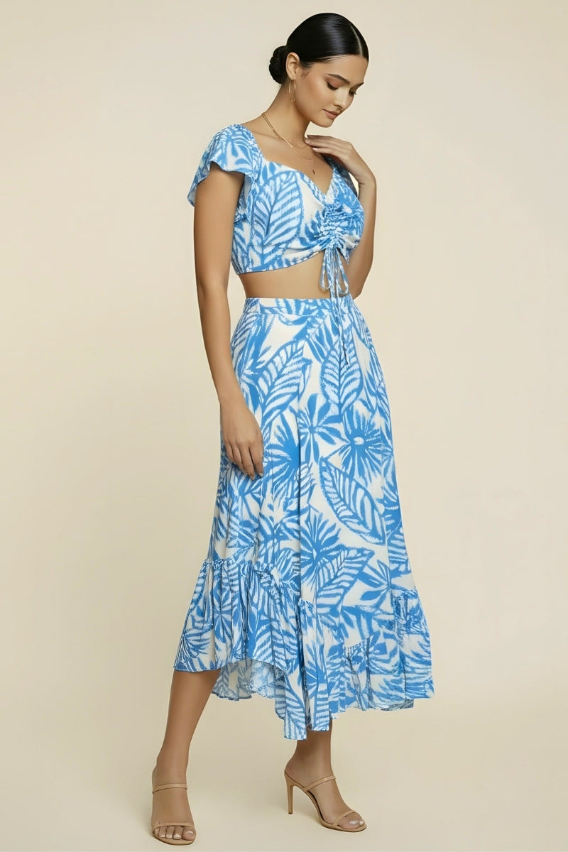 Front Tie Crop Top & Leaf Print Ruffle Skirt Set