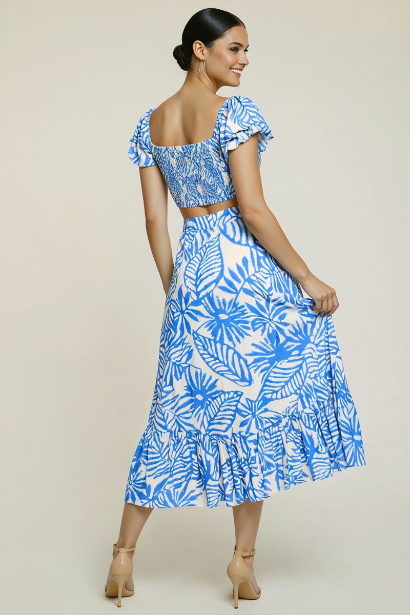 Front Tie Crop Top & Leaf Print Ruffle Skirt Set