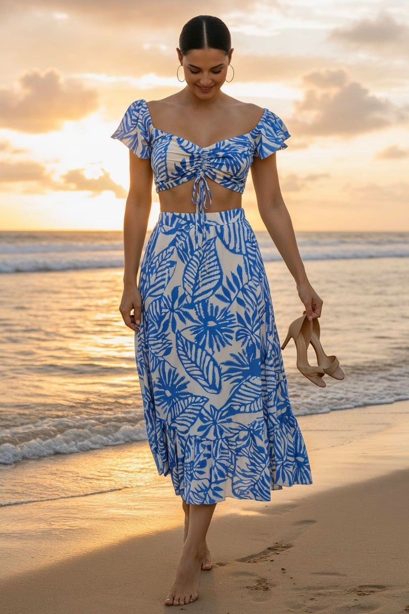 Front Tie Crop Top & Leaf Print Ruffle Skirt Set