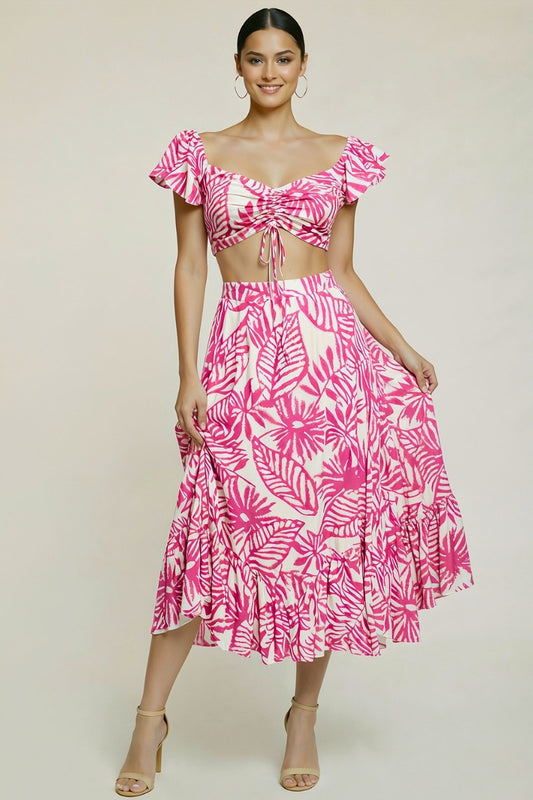 Front Tie Crop Top & Leaf Print Ruffle Skirt Set